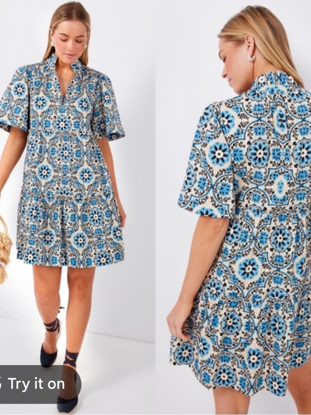 Tuckernuck Medallion Blue and Cream Floral-Print Short Sleeve Mini Dress